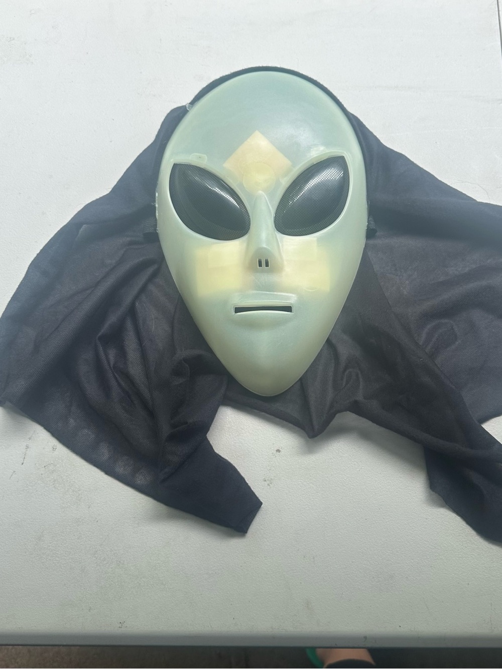 Vintage Alien Mask Costume - Glow Green Face with Black Hood